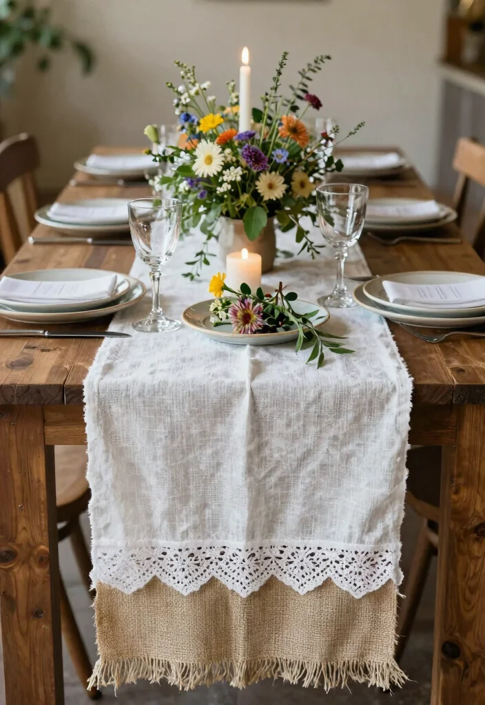 14 Cheesecloth Table Runner Wedding Ideas With Soft Texture - 1. Layered Textures for Depth 1