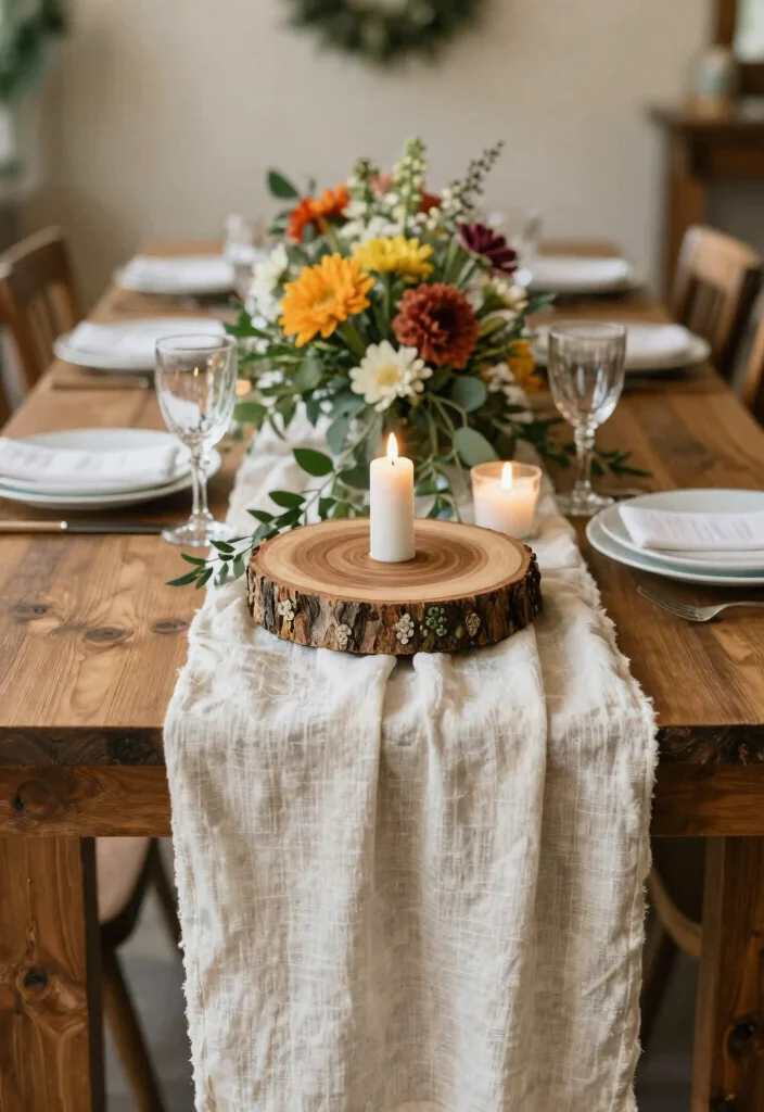 14 Cheesecloth Table Runner Wedding Ideas With Soft Texture - 10. Rustic Wooden Accents 1