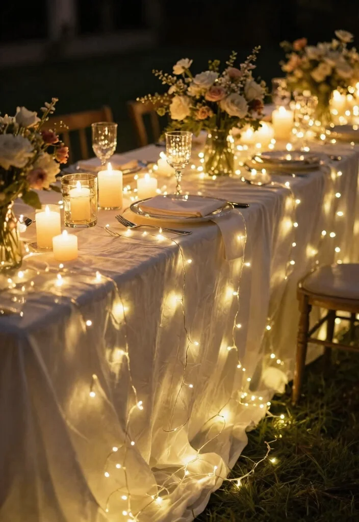 14 Cheesecloth Table Runner Wedding Ideas With Soft Texture - 11. Twinkling Fairy Lights 1