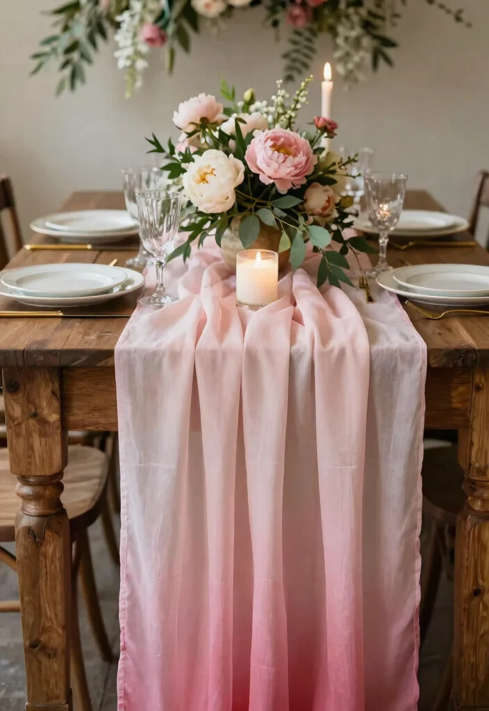 14 Cheesecloth Table Runner Wedding Ideas With Soft Texture - 2. Ombre Cheesecloth Effects 1