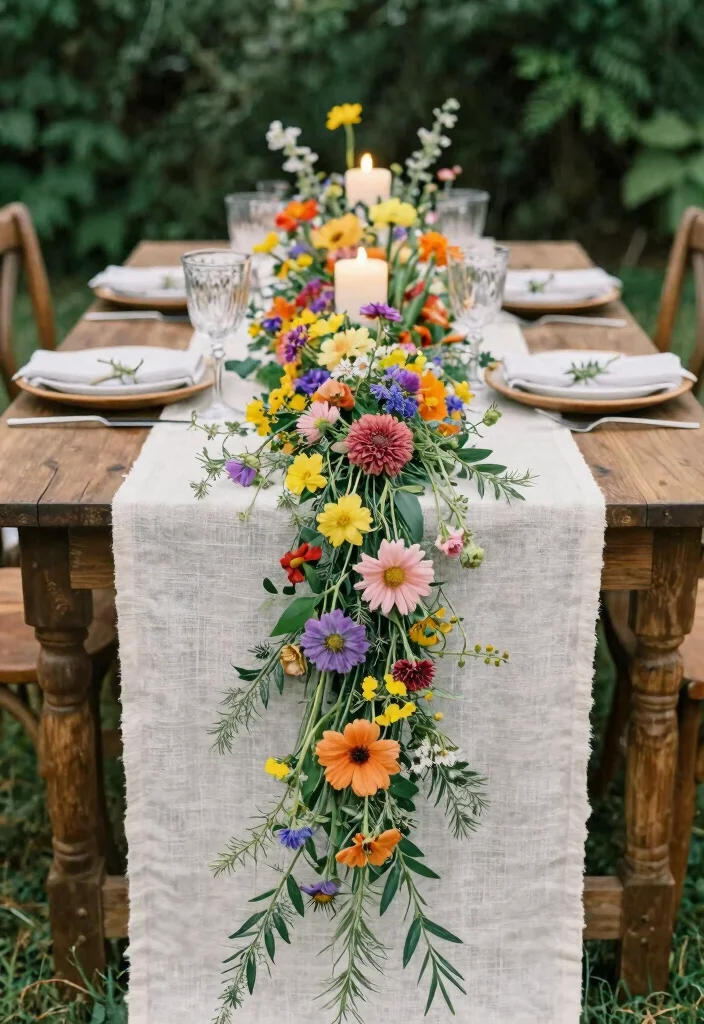 14 Cheesecloth Table Runner Wedding Ideas With Soft Texture - 6. Floral Embellishments 1