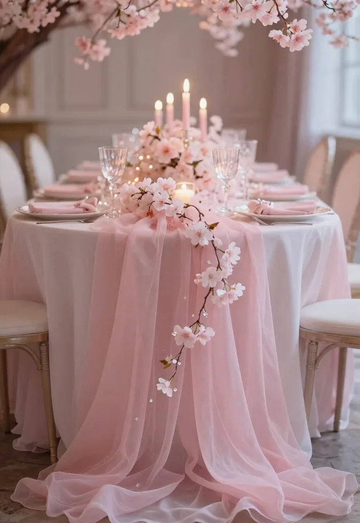 14 Pink Table Runner Wedding Ideas That Feel Soft & Romantic - 10. Ethereal Pink with Sheer Fabrics 1