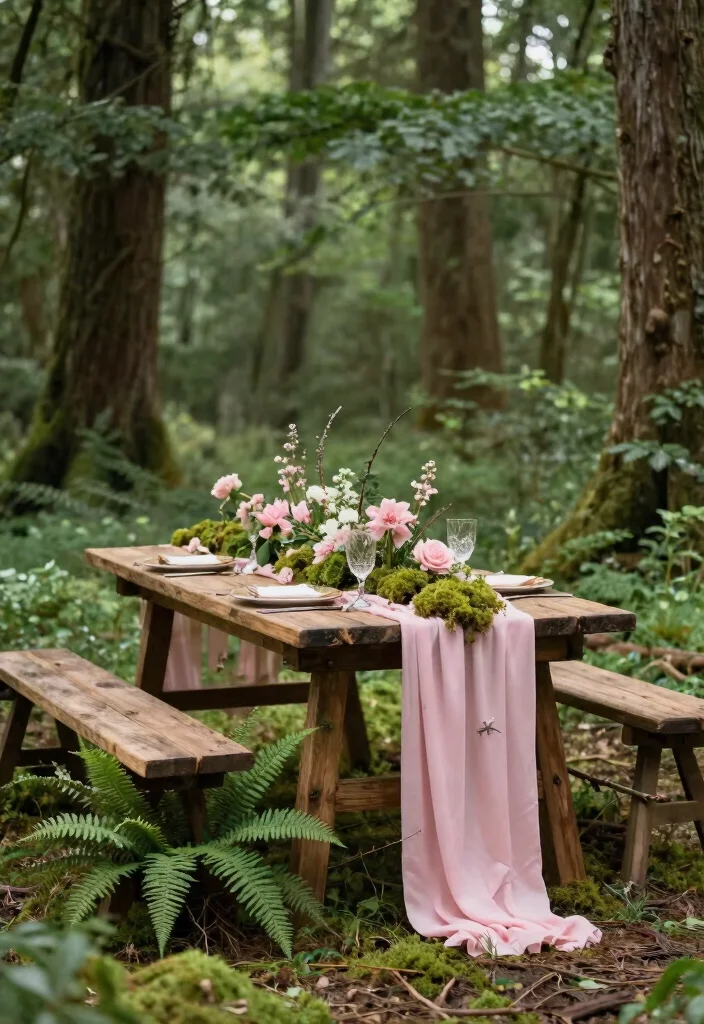14 Pink Table Runner Wedding Ideas That Feel Soft & Romantic - 11. Enchanted Forest Theme 1