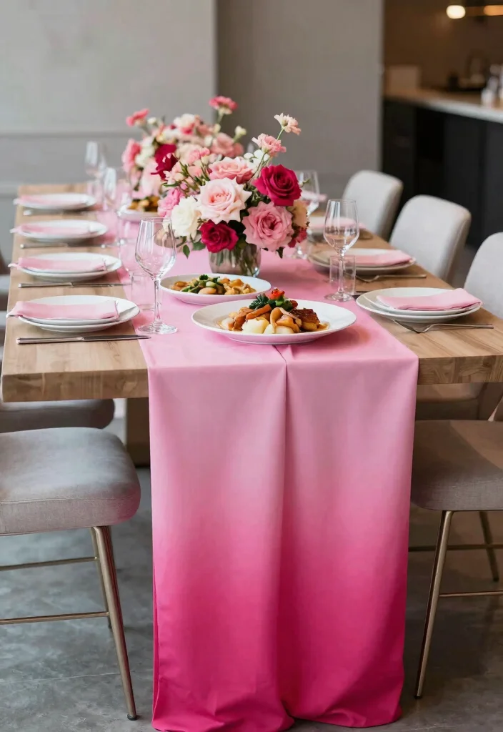 14 Pink Table Runner Wedding Ideas That Feel Soft & Romantic - 12. Bold Ombre Pink Effect 1