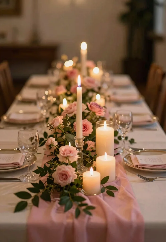 14 Pink Table Runner Wedding Ideas That Feel Soft & Romantic - 13. Romantic Candlelit Pink Glow 1