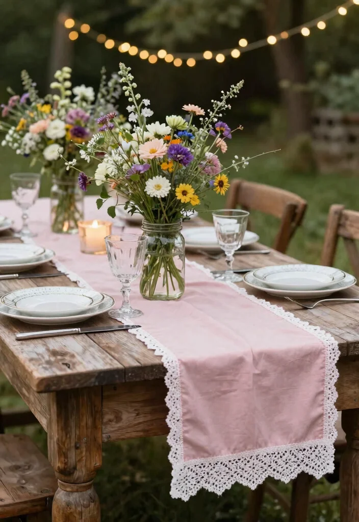 14 Pink Table Runner Wedding Ideas That Feel Soft & Romantic - 2. Rustic Charm with Pink and Lace 1