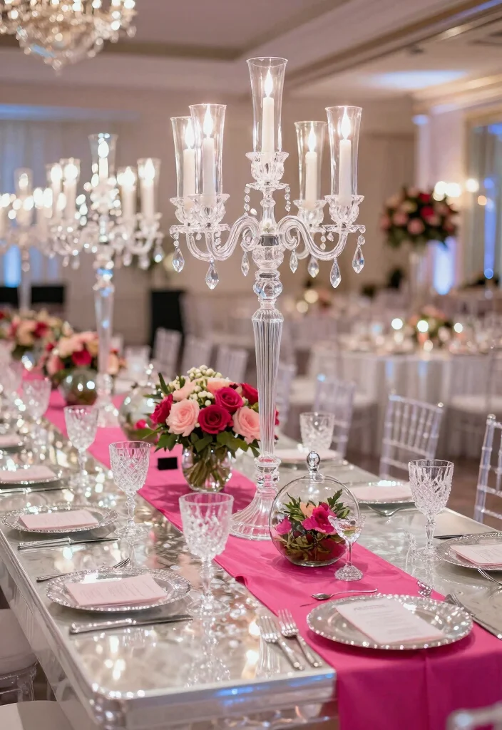 14 Pink Table Runner Wedding Ideas That Feel Soft & Romantic - 4. Glamorous Hot Pink and Crystal 1