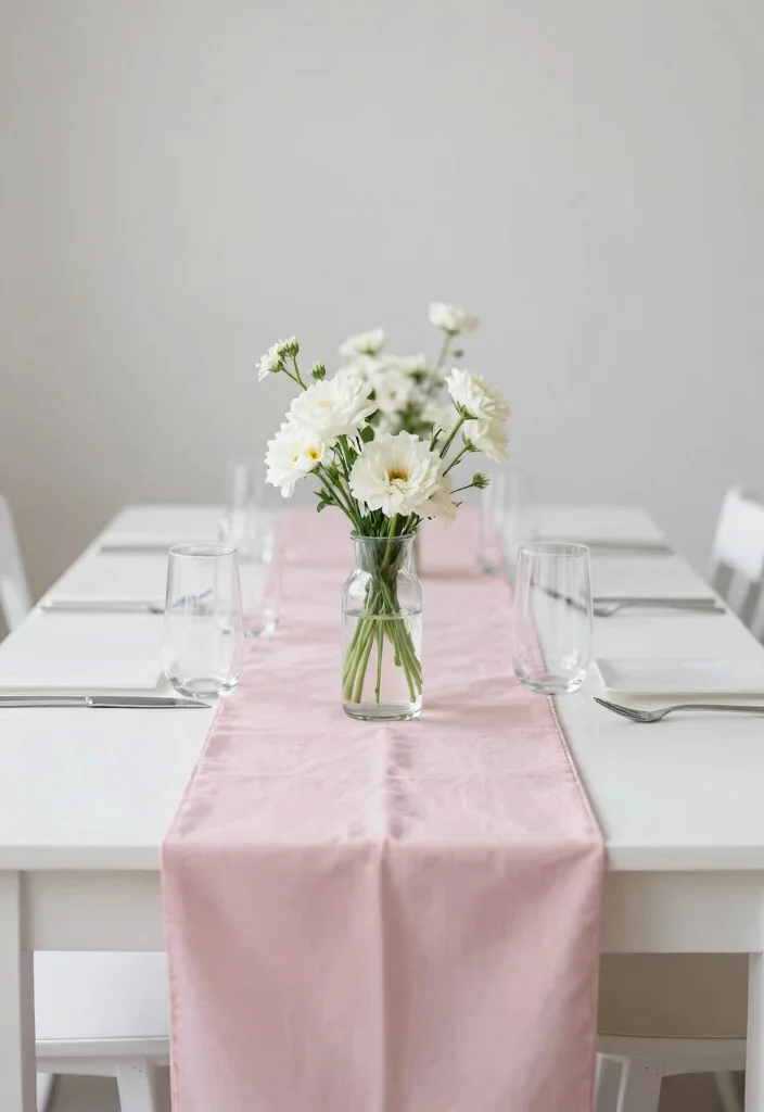 14 Pink Table Runner Wedding Ideas That Feel Soft & Romantic - 5. Minimalist Pink and White Bliss 1