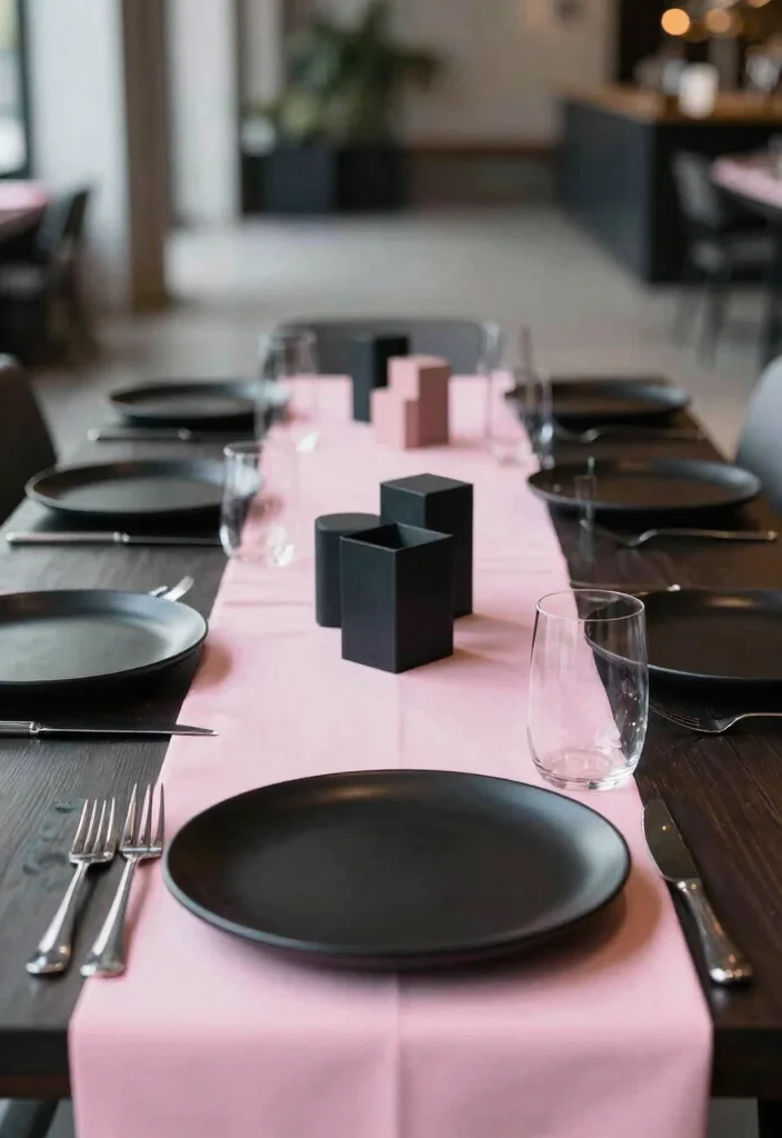 14 Pink Table Runner Wedding Ideas That Feel Soft & Romantic - 9. Modern Edge with Pink and Black 1