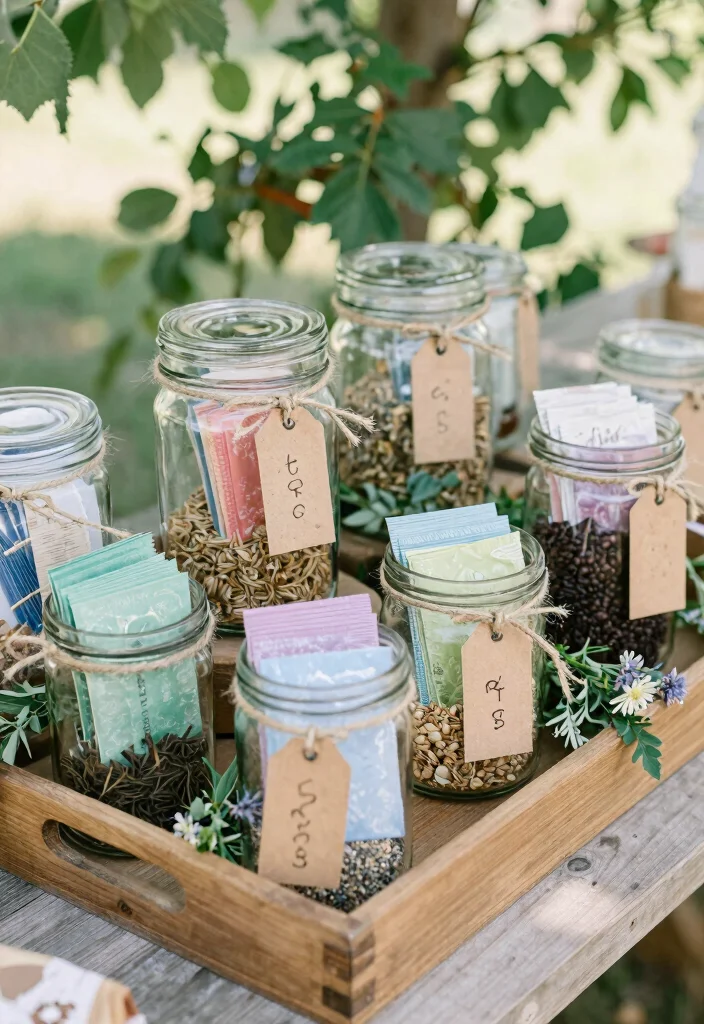 14 Wedding Favor Table Display Ideas That Look Stunning - 1. Seed Packets in Repurposed Glass Jars 1