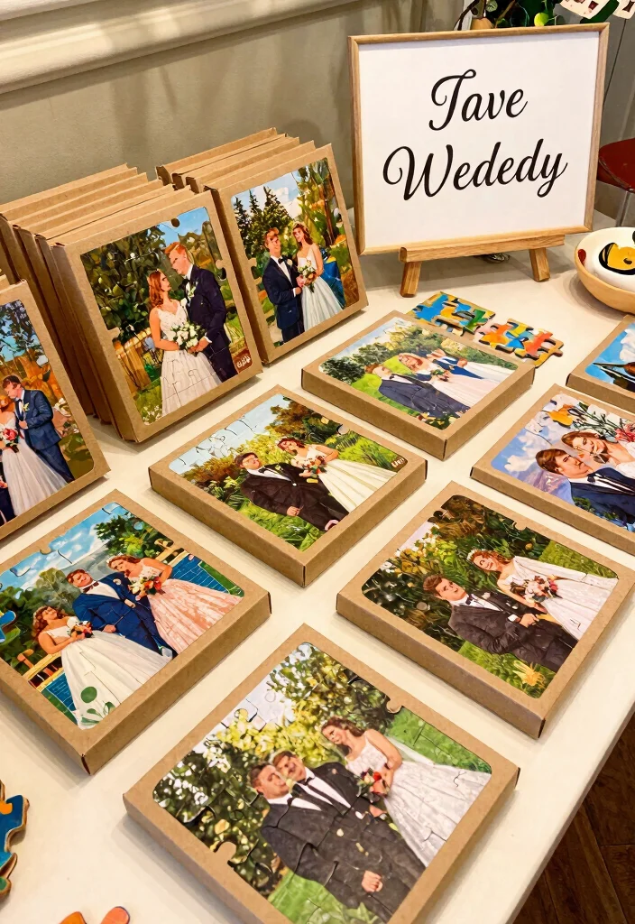 14 Wedding Favor Table Display Ideas That Look Stunning - 13. Fun Jigsaw Puzzle Favors 1