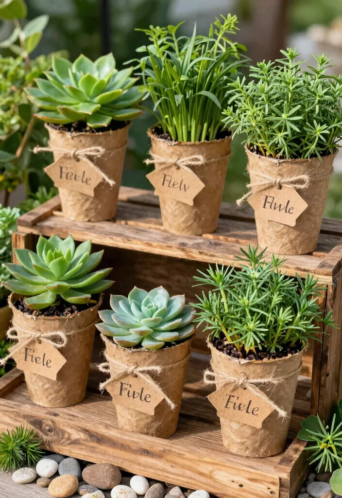 14 Wedding Favor Table Display Ideas That Look Stunning - 3. Mini Potted Plants with Personal Touch 1