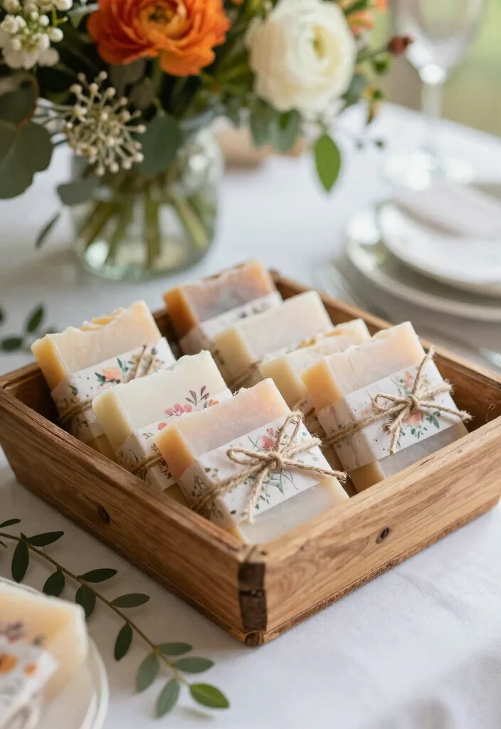 14 Wedding Favor Table Display Ideas That Look Stunning - 5. Natural Soap Bars Wrapped in Floral Paper 1