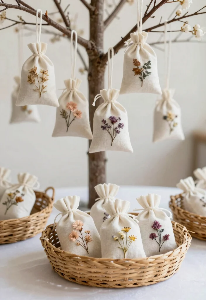 14 Wedding Favor Table Display Ideas That Look Stunning - 8. DIY Scented Sachets with Dried Flowers 1