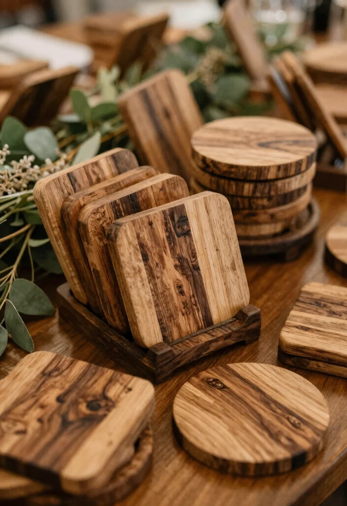14 Wedding Favor Table Display Ideas That Look Stunning - 9. Unique Coasters Made from Reclaimed Wood 1
