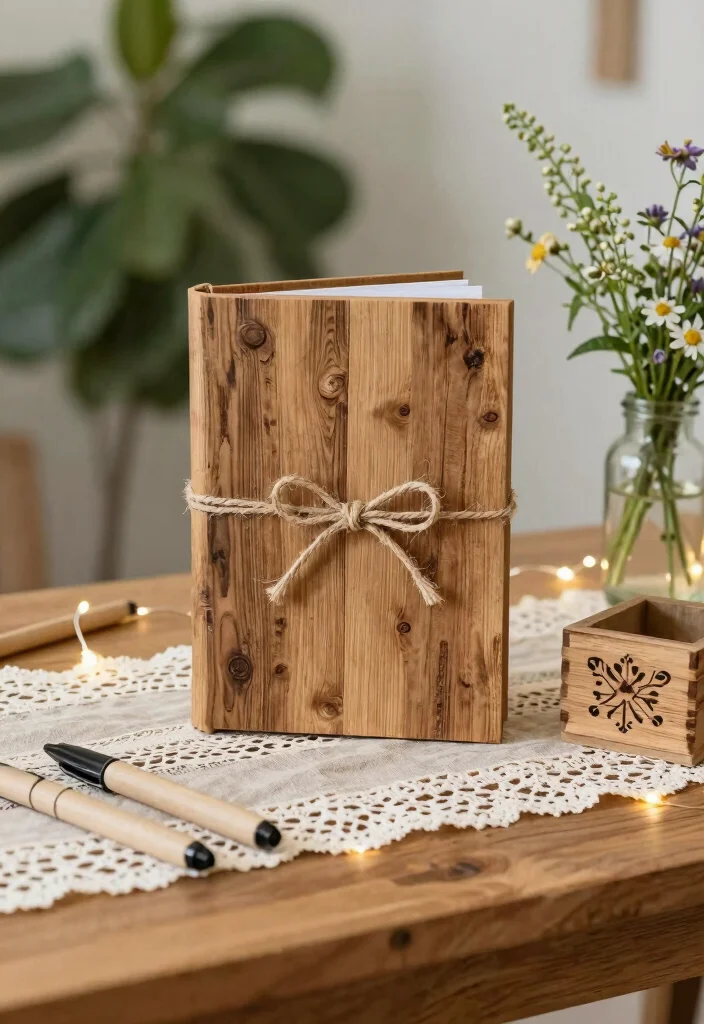 14 Wedding Guest Book Table Decorations Ideas That Impress - 1. Eco-Friendly Wooden Guest Book 1