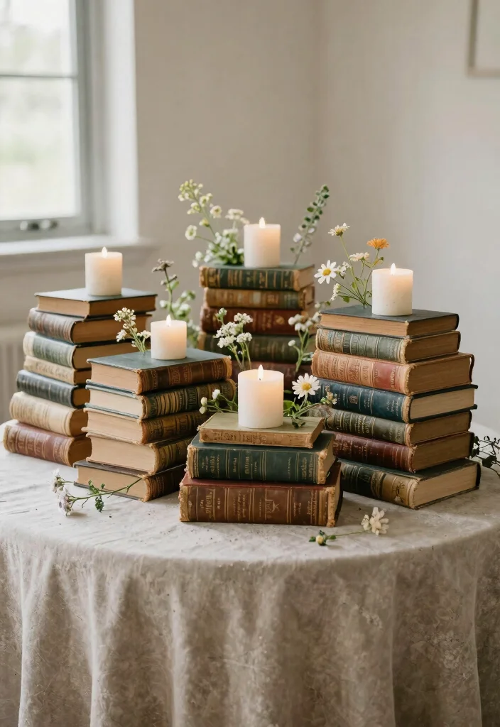 14 Wedding Table Settings Simple Ideas That Still Wow - 11. Vintage Books as Decor 1
