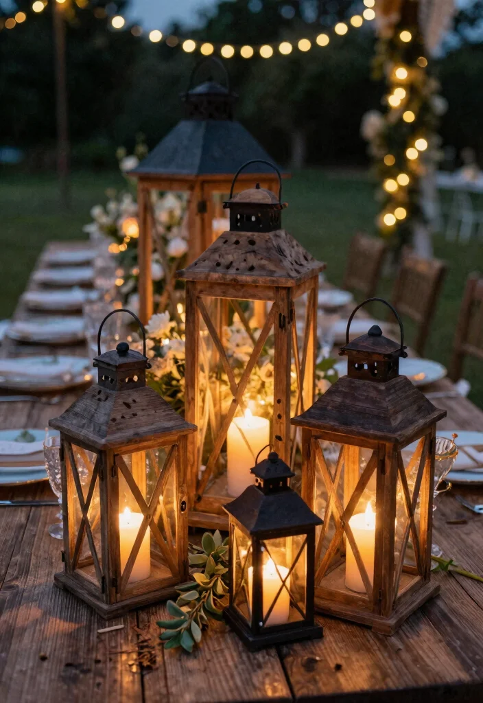 14 Wood Table Wedding Decor Ideas With Natural Texture - 11. Rustic Lanterns 1