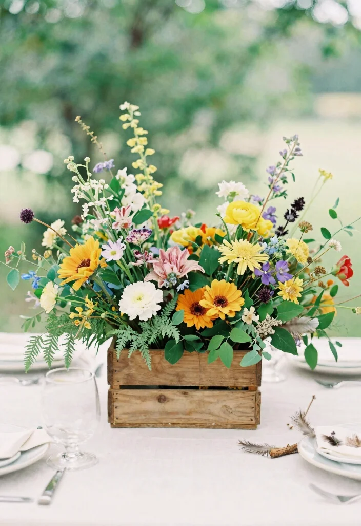 14 Wood Table Wedding Decor Ideas With Natural Texture - 8. Whimsical Floral Arrangements 1