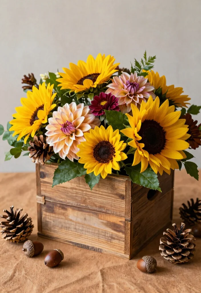 15 October Wedding Table Decor Ideas With Autumn Warmth - 1. Rustic Wooden Boxes Filled with Seasonal Blooms 1
