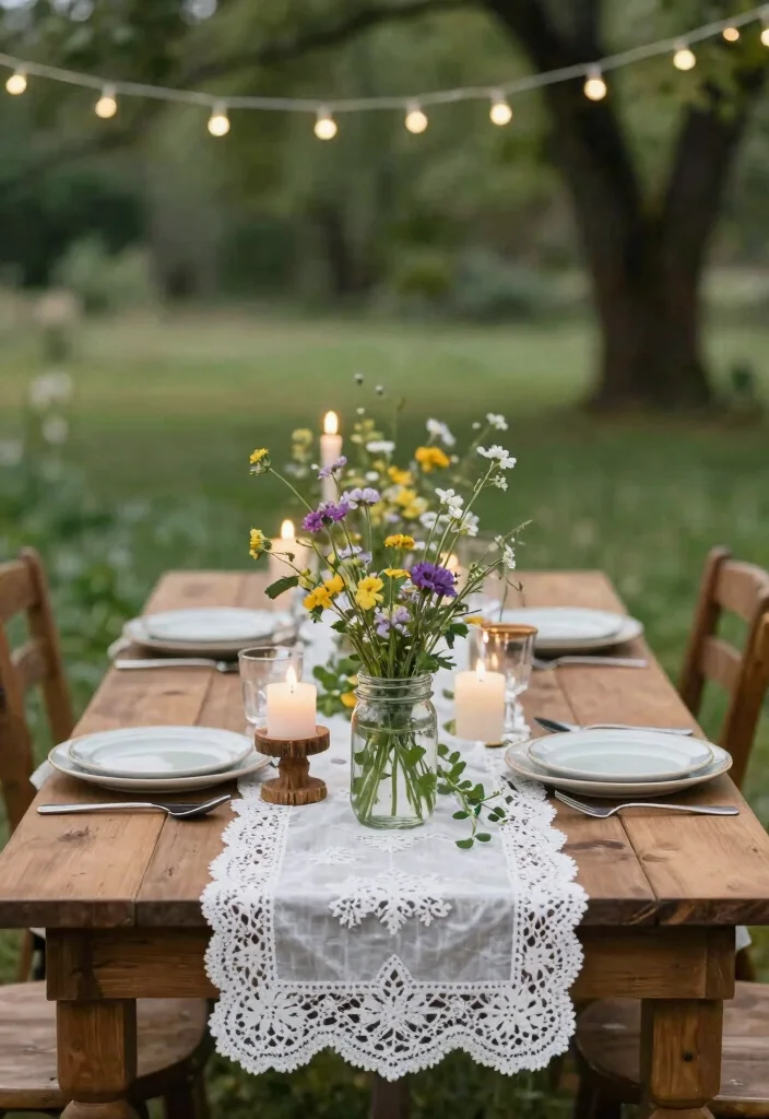 15 Rustic Head Table Wedding Ideas That Feel Cozy - 1. Wooden Table with Lace Accents 1