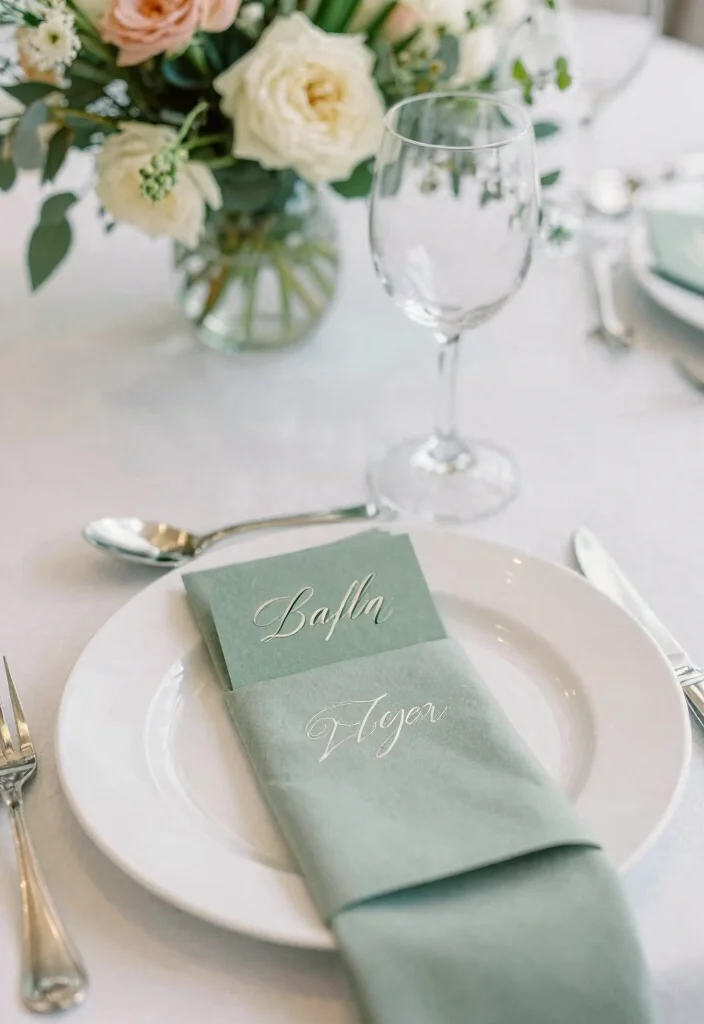 15 Sage Green Table Decor Wedding Ideas With Soft Vibes - 10. Personalized Place Settings 1