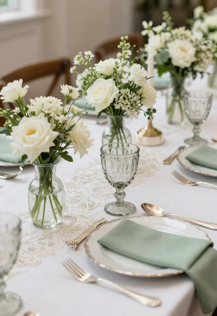 15 Sage Green Table Decor Wedding Ideas With Soft Vibes - 15. Vintage Accents 1