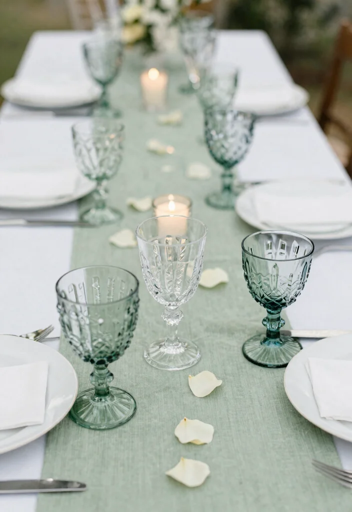 15 Sage Green Table Decor Wedding Ideas With Soft Vibes - 2. Vintage Glassware 1