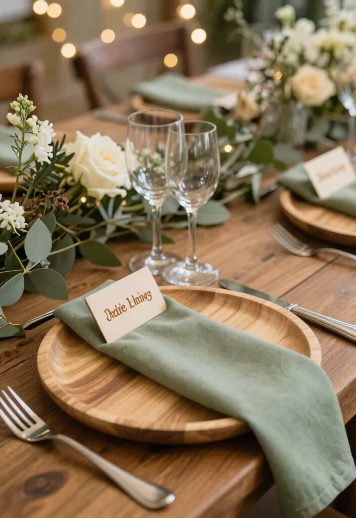 15 Sage Green Table Decor Wedding Ideas With Soft Vibes - 4. Rustic Wooden Accents 1