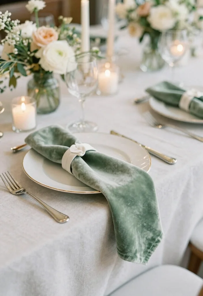 15 Sage Green Table Decor Wedding Ideas With Soft Vibes - 7. Soft Textured Fabrics 1