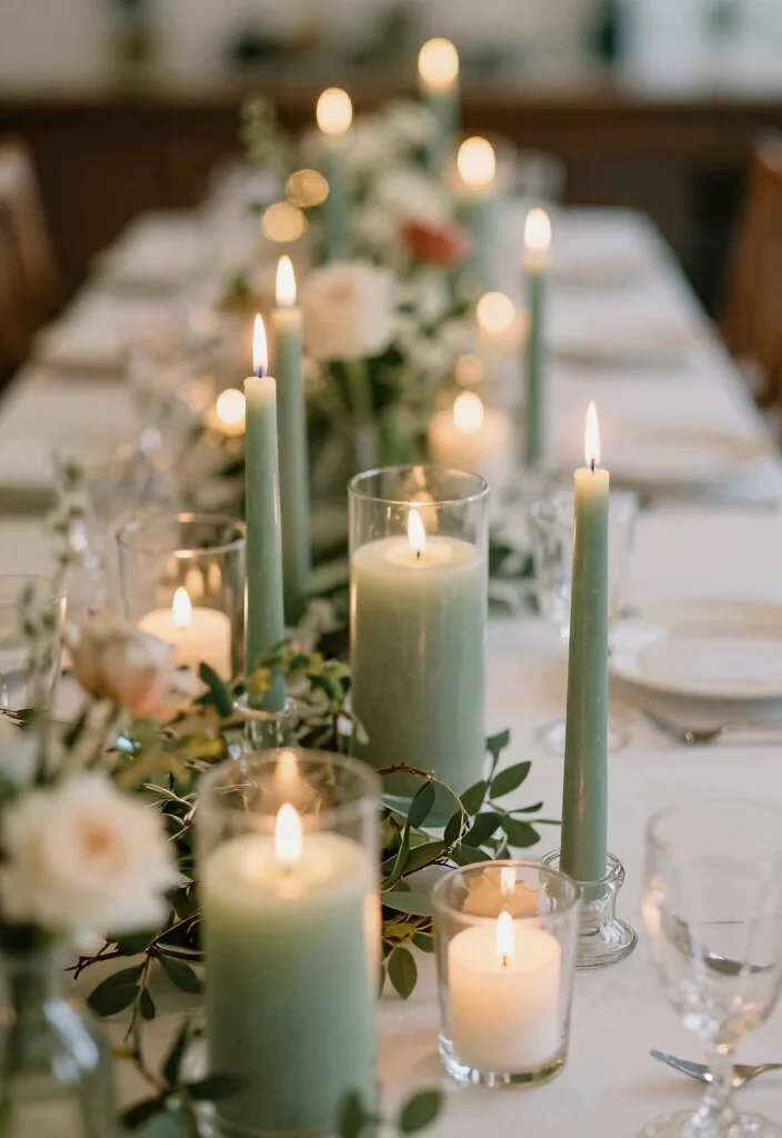 15 Sage Green Table Decor Wedding Ideas With Soft Vibes - 9. Sage Green Candles 1