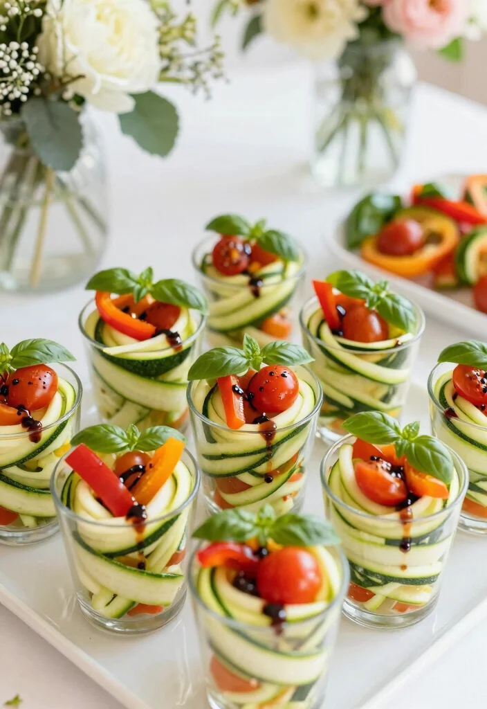 15 Wedding Snacks Table Ideas That Guests Adore - 14. Zucchini Noodle Salad Cups 1
