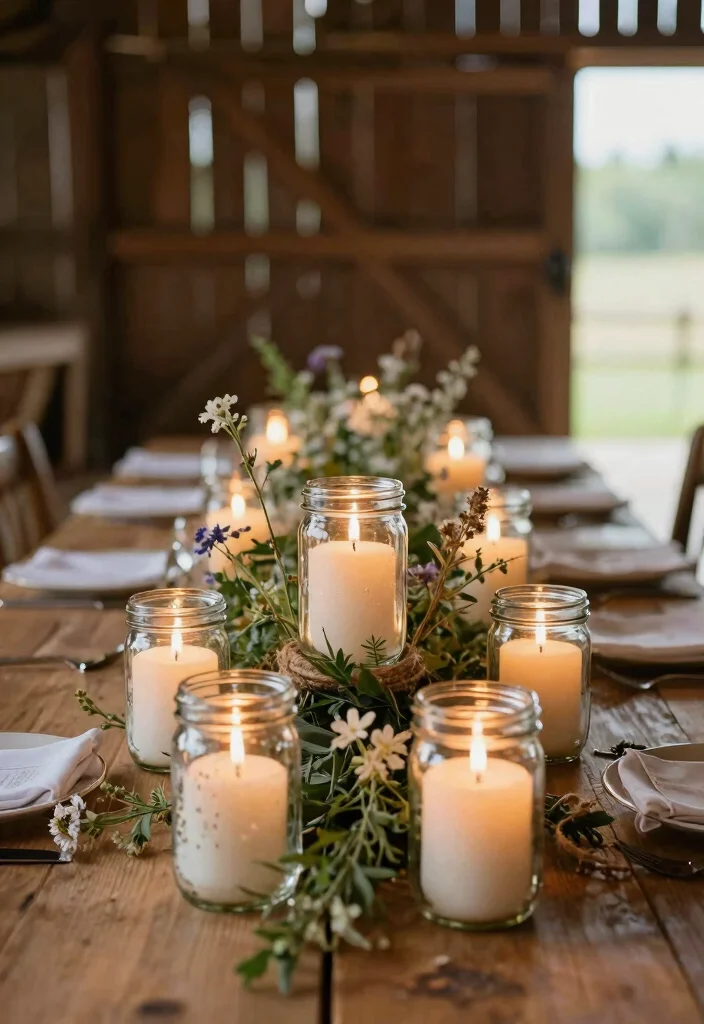 15 Wedding Table Candles Ideas for a Romantic Glow - 1. Rustic Mason Jar Candle Holders 1