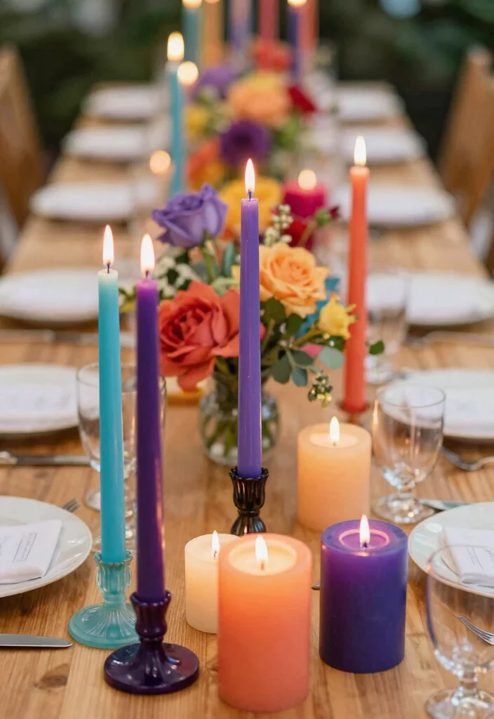 15 Wedding Table Candles Ideas for a Romantic Glow - 10. Colored Candles for a Bold Statement 1
