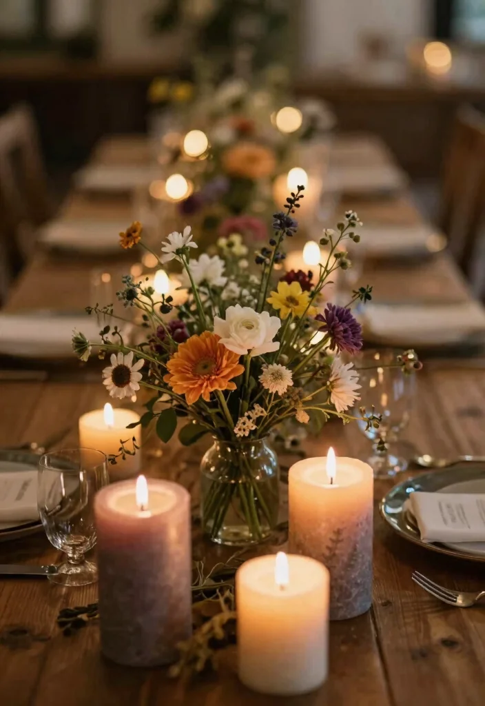 15 Wild Flower Wedding Table Decor Ideas With Rustic Charm - 10. Nature-Inspired Candles 1