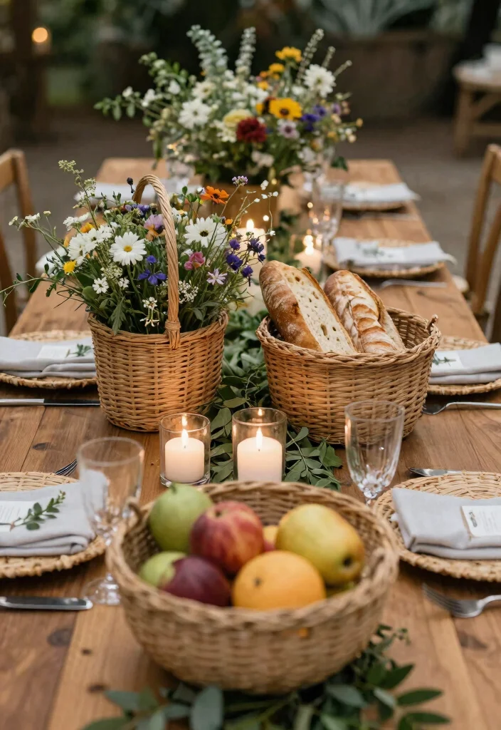 15 Wild Flower Wedding Table Decor Ideas With Rustic Charm - 12. Woven Baskets as Decor Elements 1