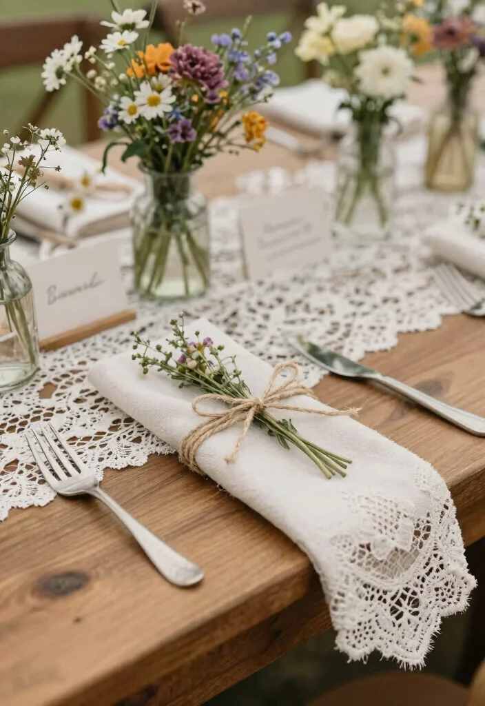 15 Wild Flower Wedding Table Decor Ideas With Rustic Charm - 14. Twine and Lace Accents 1