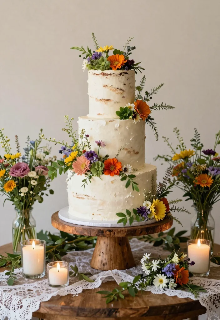 15 Wild Flower Wedding Table Decor Ideas With Rustic Charm - 15. Wildflower-Inspired Cake Table 1