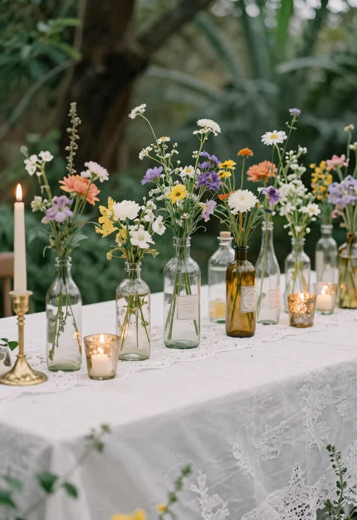15 Wild Flower Wedding Table Decor Ideas With Rustic Charm - 2. Vintage Glass Bottles 1