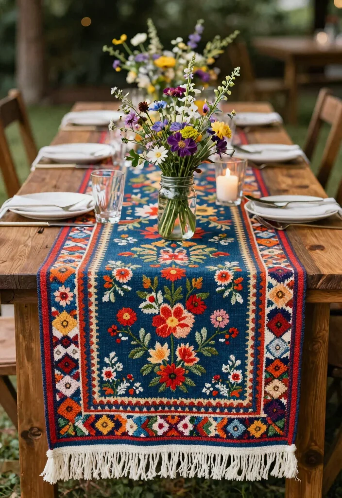 15 Wild Flower Wedding Table Decor Ideas With Rustic Charm - 4. Bohemian Tapestries as Table Runners 1