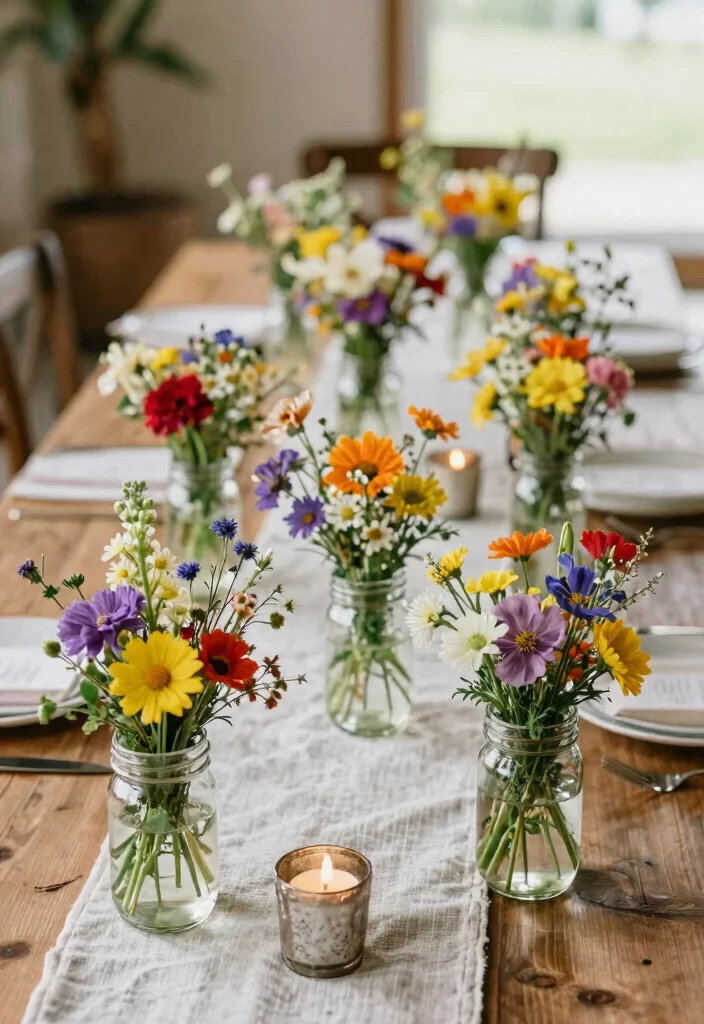 15 Wild Flower Wedding Table Decor Ideas With Rustic Charm - 5. Miniature Wildflower Bouquets 1