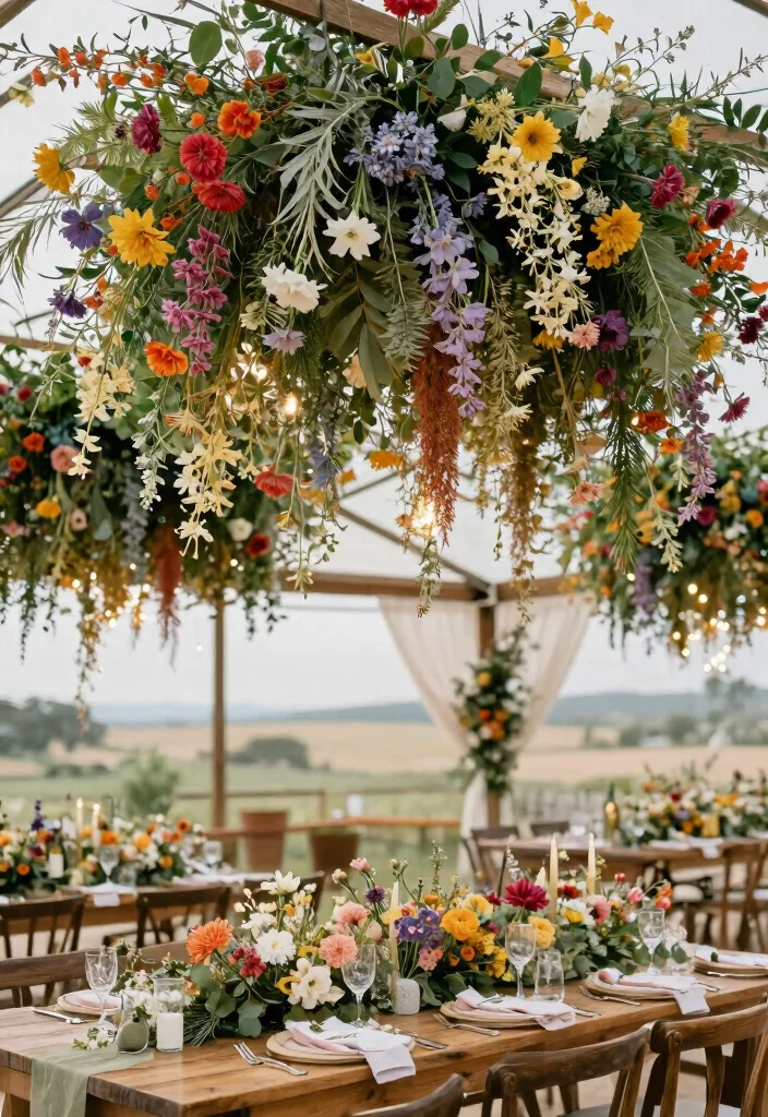 15 Wild Flower Wedding Table Decor Ideas With Rustic Charm - 7. Hanging Flower Arrangements 1