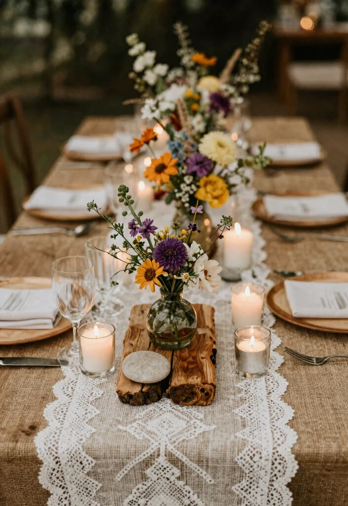 15 Wild Flower Wedding Table Decor Ideas With Rustic Charm - 9. Layered Textures 1