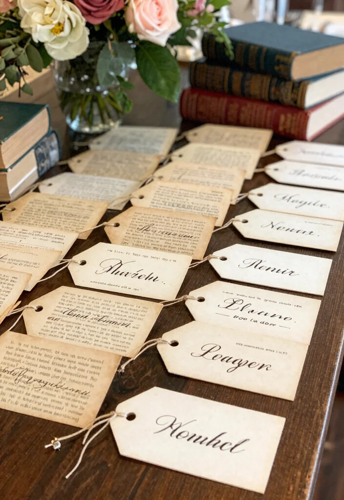 16 Creative Name Tags Wedding Table Ideas That Are Eco-Friendly - 12. Vintage Book Page Tags 1