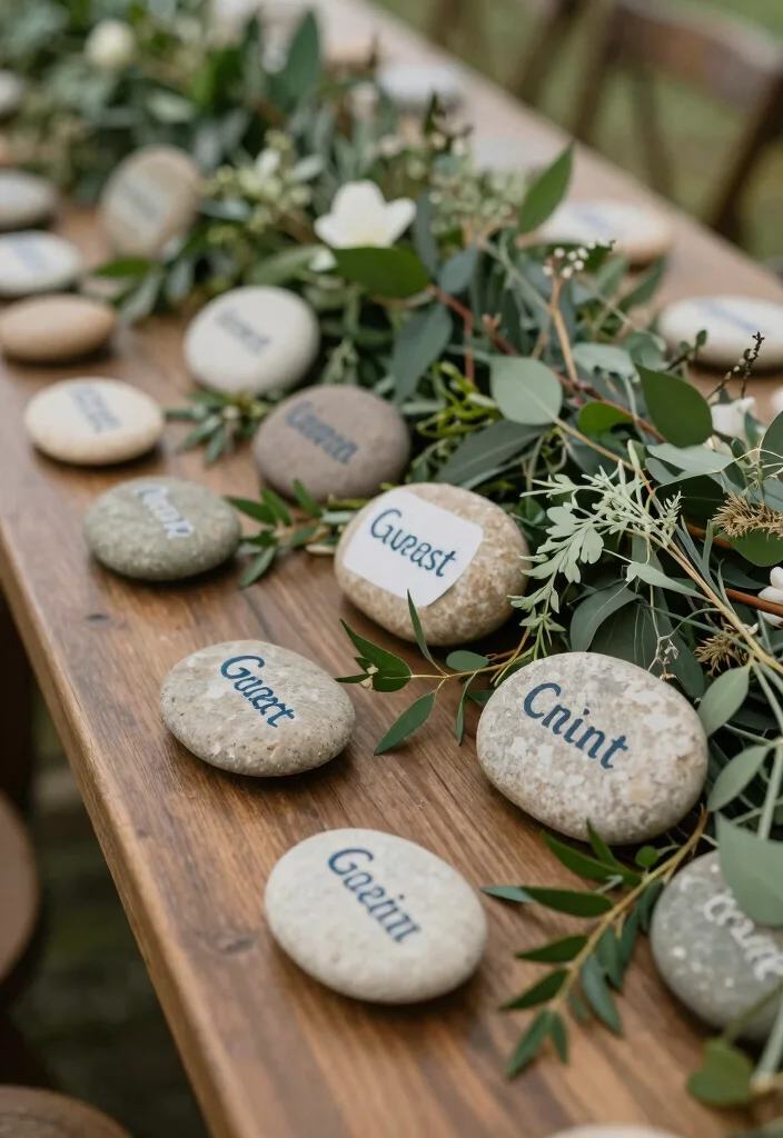 16 Creative Name Tags Wedding Table Ideas That Are Eco-Friendly - 13. Natural Rock Name Tags 1