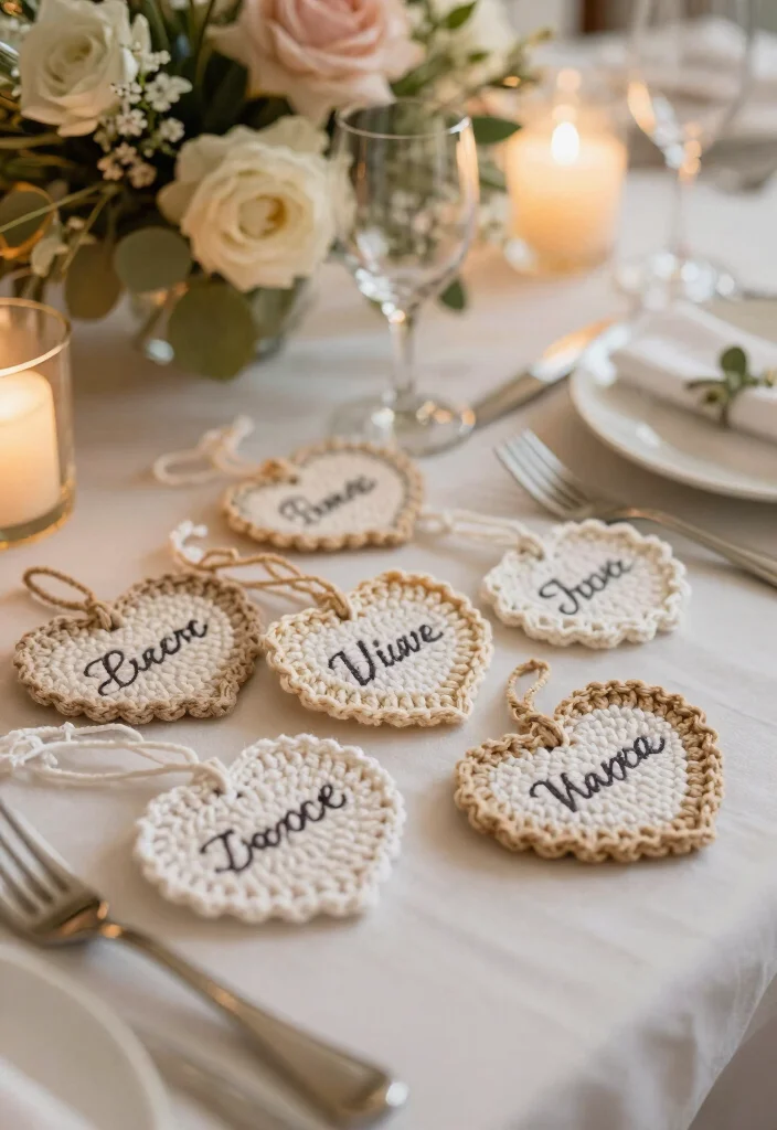 16 Creative Name Tags Wedding Table Ideas That Are Eco-Friendly - 14. Crochet Name Tags 1