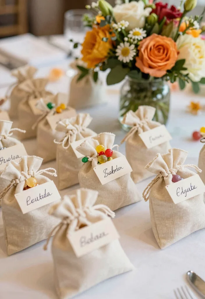 16 Creative Name Tags Wedding Table Ideas That Are Eco-Friendly - 16. Fabric Pouch Name Tags 1