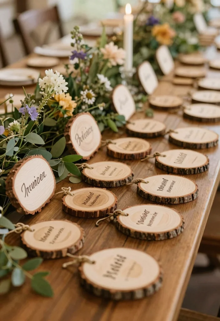 16 Creative Name Tags Wedding Table Ideas That Are Eco-Friendly - 2. Wooden Slice Name Tags 1