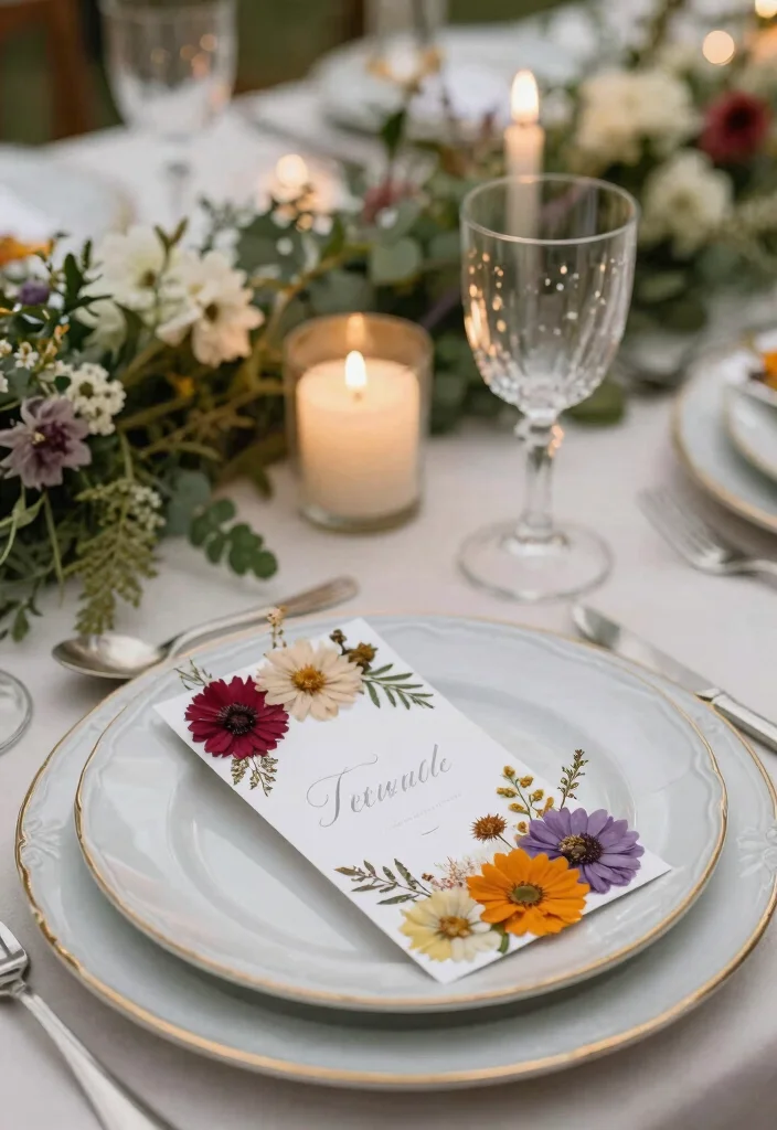 16 Creative Name Tags Wedding Table Ideas That Are Eco-Friendly - 3. Dried Flower Name Tags 1