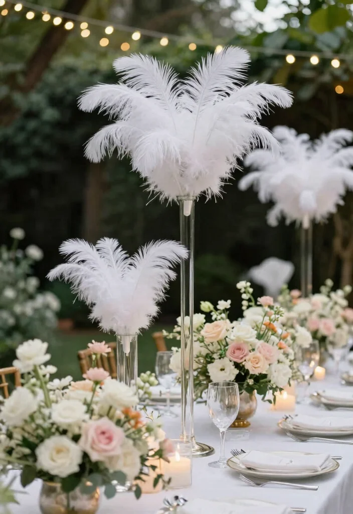 16 Feather Wedding Decorations Ideas That Feel Soft & Glam - 1. Feather Centerpiece Extravaganza 1